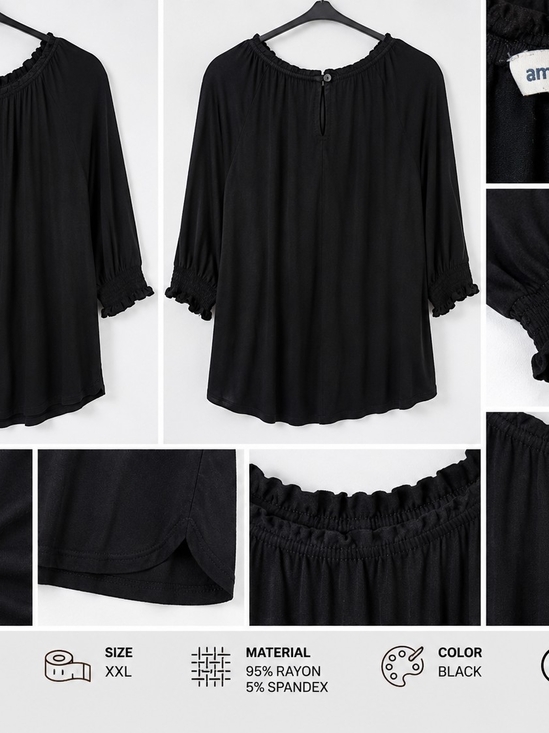 Amazon Essentials Tops - Amazon Essentials Women's Black Smocked 3/4 Sleeve Peasant Blouse Top XXL